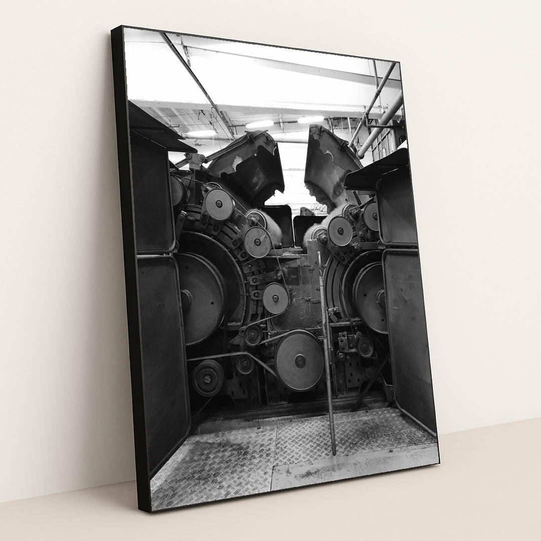 Vintage Industrial Machinery in Black and White by Sylvain Lelong - Black Frame Stretchiez