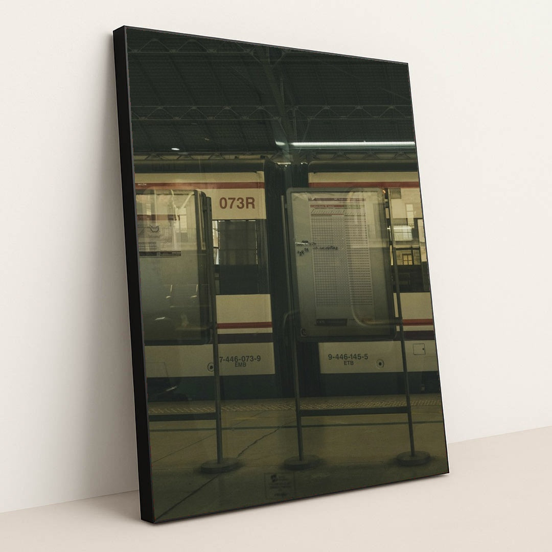 Vintage Train Station Reflection by Noland Live - Black Frame Stretchiez