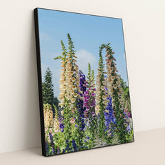 Vibrant Foxglove Blooms in Sunlit Garden by Orange Ocean - Black Frame Stretchiez