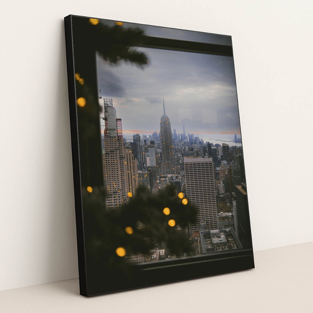 Winter View of New York City Skyline by Steve Cancel - Black Frame Stretchiez