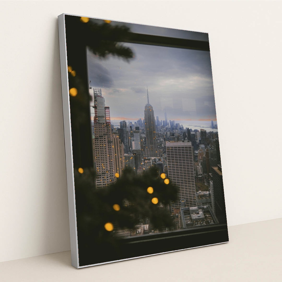 Winter View of New York City Skyline by Steve Cancel - Silver Frame Stretchiez
