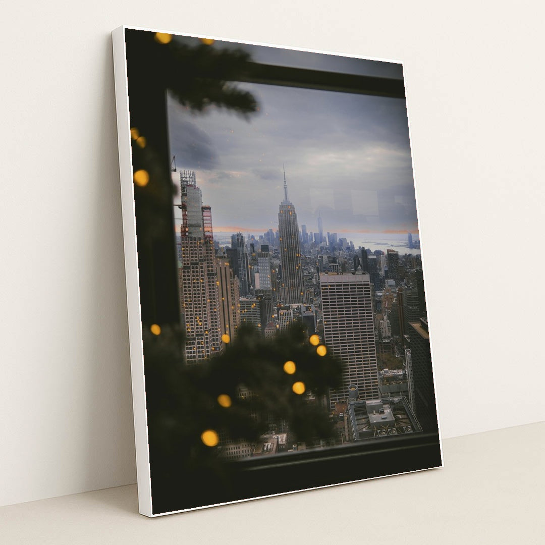 Winter View of New York City Skyline by Steve Cancel - White Frame Stretchiez