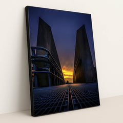 Silhouette of Warsaw's Modern Architecture at Sunset by Adam Borkowski - Black Frame Stretchiez