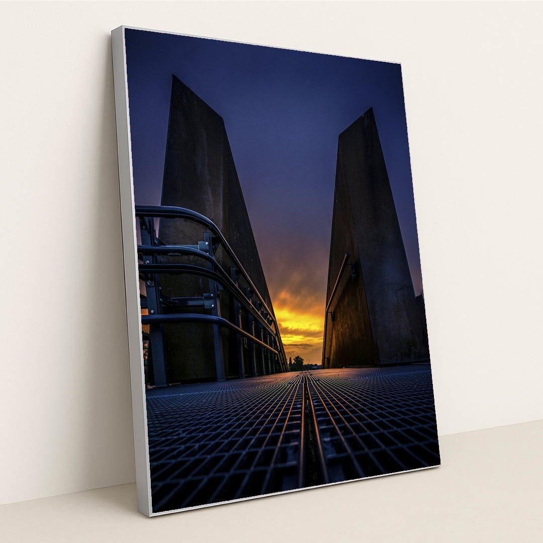 Silhouette of Warsaw's Modern Architecture at Sunset by Adam Borkowski - Silver Frame Stretchiez