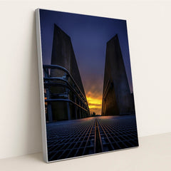 Silhouette of Warsaw's Modern Architecture at Sunset by Adam Borkowski - Silver Frame Stretchiez