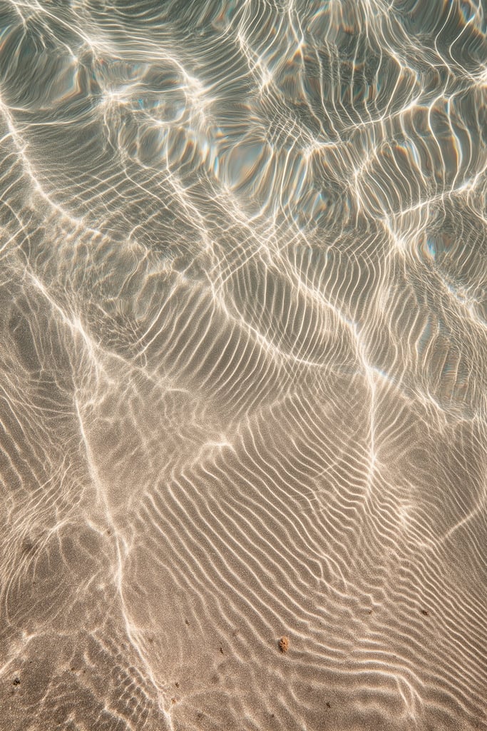 This artwork features shimmering sunlight patterns rippling across sandy underwater textures.