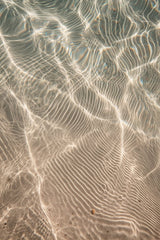 This artwork features shimmering sunlight patterns rippling across sandy underwater textures.