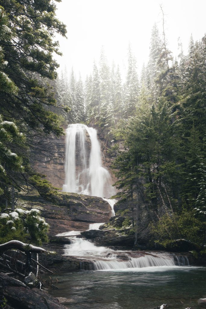 Branden Stephenson - Serene winter waterfall surrounded by snow-laden trees in Glacier National Park, Montana.