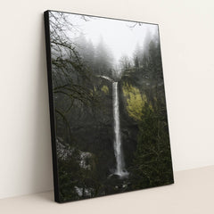 Tall Cascade Waterfall Amid Mossy Cliffs and Pine Trees in Mist by Troy Squillaci - Black Frame Stretchiez