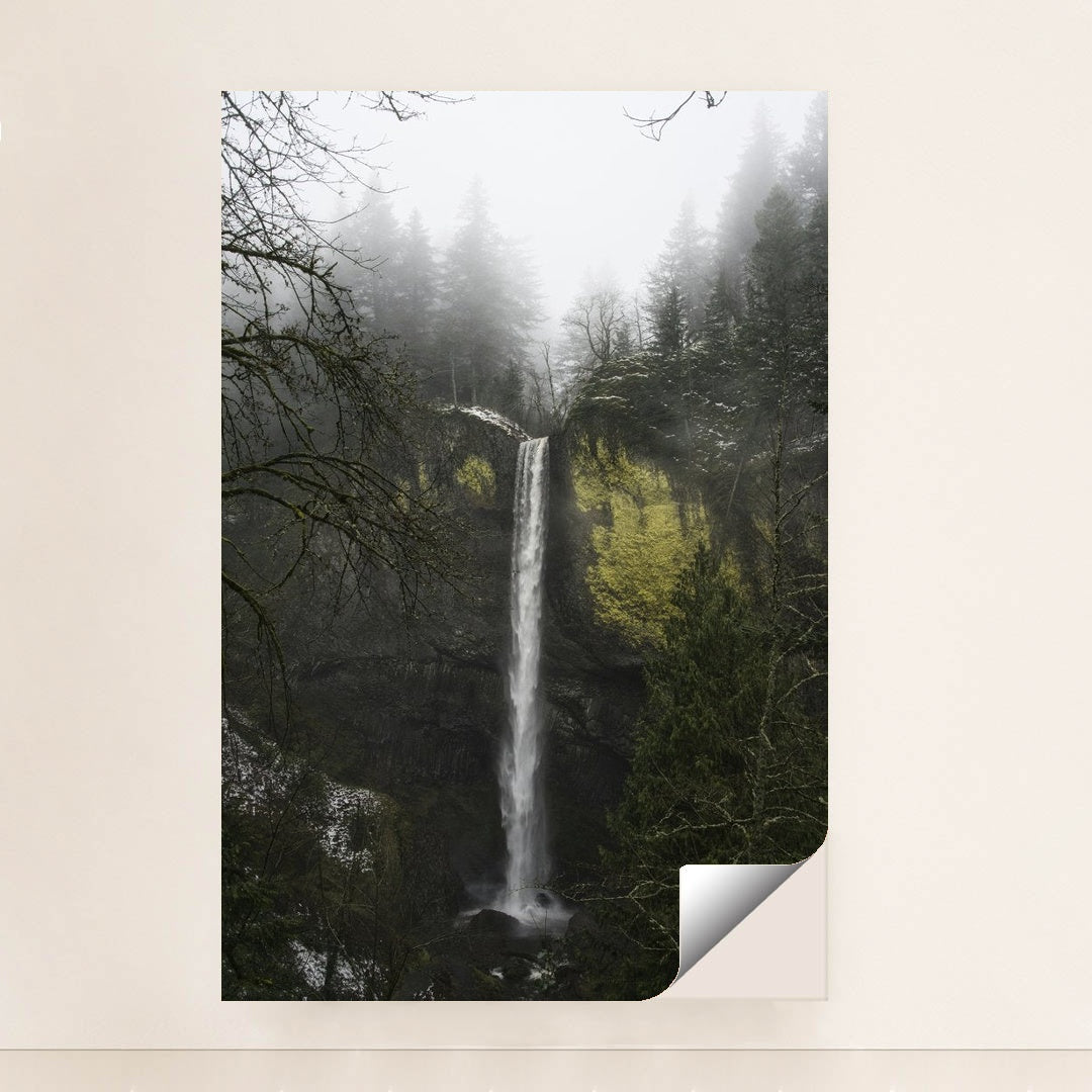 Tall Cascade Waterfall Amid Mossy Cliffs and Pine Trees in Mist by Troy Squillaci - Peeliez