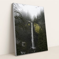 Tall Cascade Waterfall Amid Mossy Cliffs and Pine Trees in Mist by Troy Squillaci - Silver Frame Stretchiez