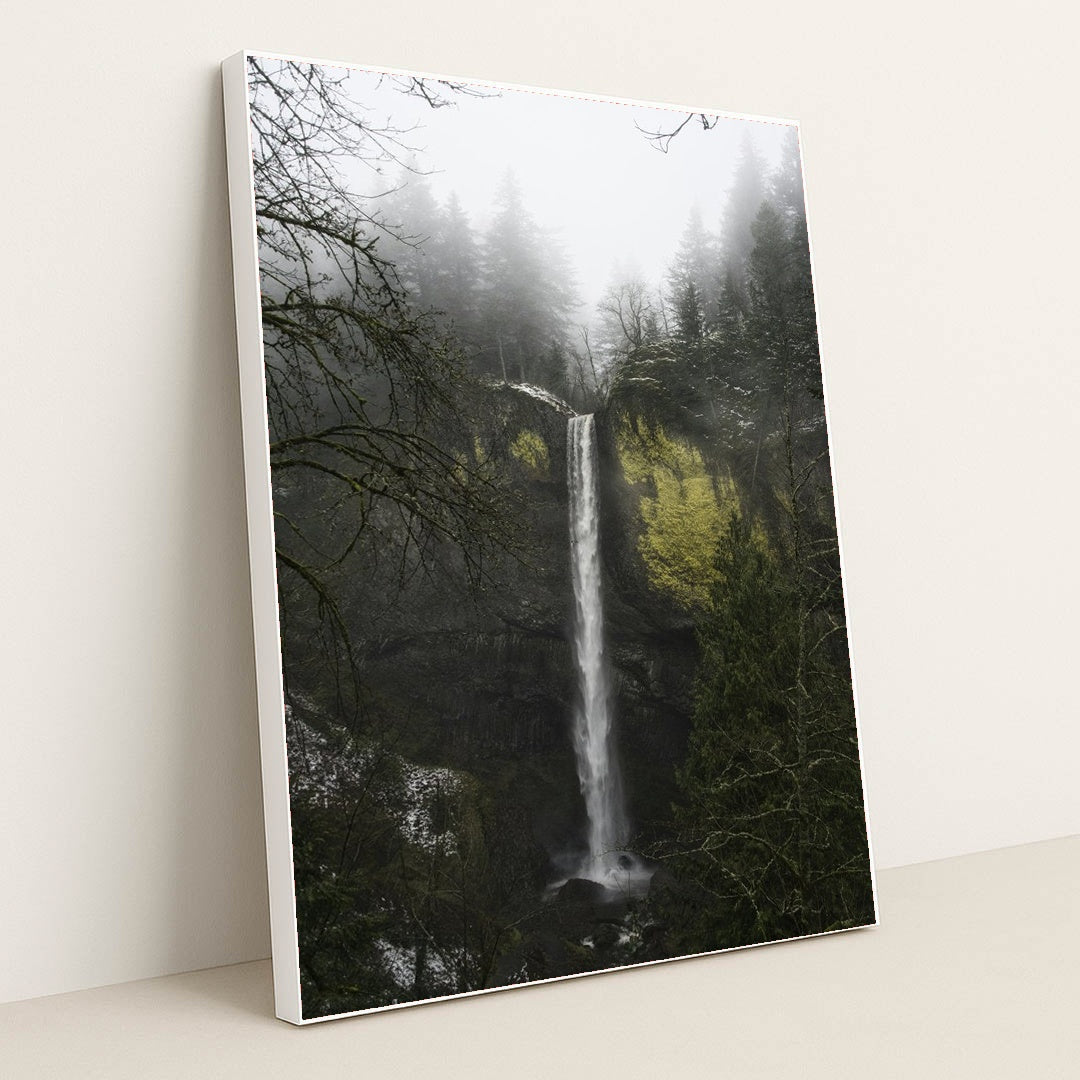 Tall Cascade Waterfall Amid Mossy Cliffs and Pine Trees in Mist by Troy Squillaci - White Frame Stretchiez