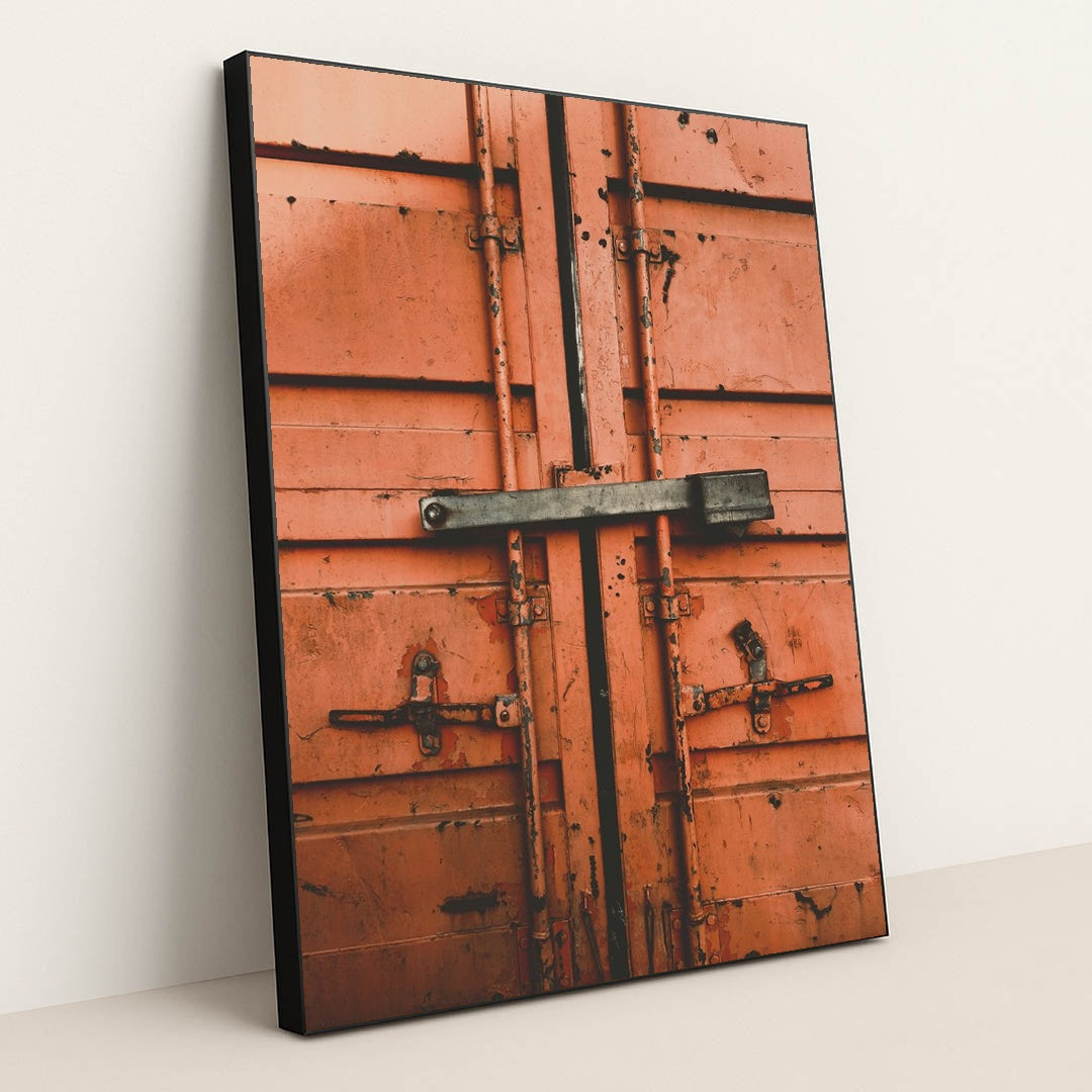 Weathered Orange Metal Container Doors by David Underland - Black Frame Stretchiez