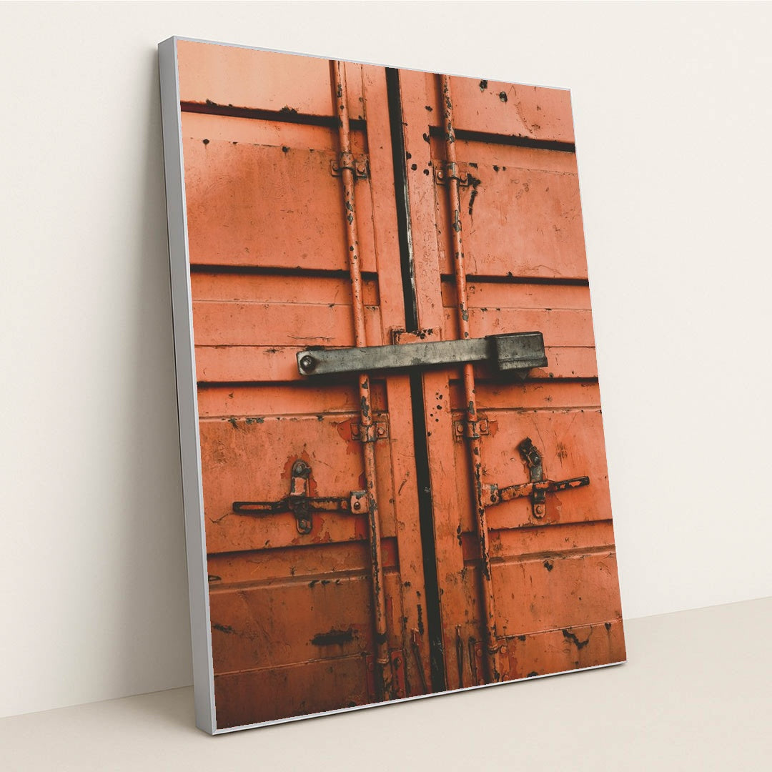 Weathered Orange Metal Container Doors by David Underland - Silver Frame Stretchiez