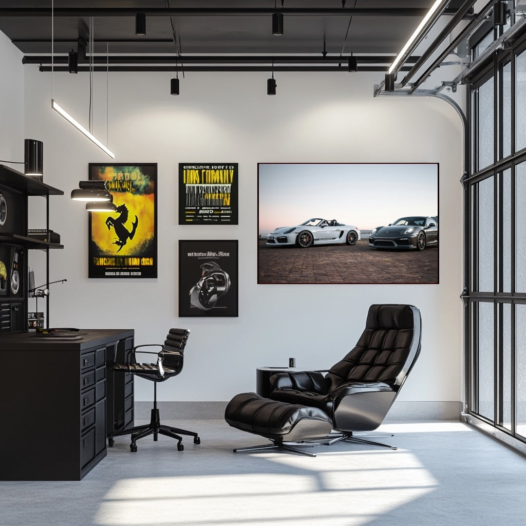 Porsche Duo at Dusk print featuring white Boxster Spyder and graphite Cayman GT4 in a modern office setting.