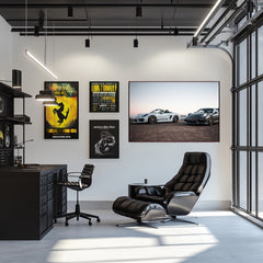 Porsche Duo at Dusk print featuring white Boxster Spyder and graphite Cayman GT4 in a modern office setting.