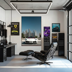 Ferrari 488 Spider in Dubai displayed as car wall art in a modern workspace with stylish decor.