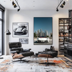 Ferrari 488 Spider in Dubai displayed as car wall art in a modern living room with sleek furniture and city skyline.