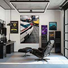 Ferrari Showroom Elegance: Luxury car wall art featuring iconic Ferrari sports cars in a stylish showroom environment.