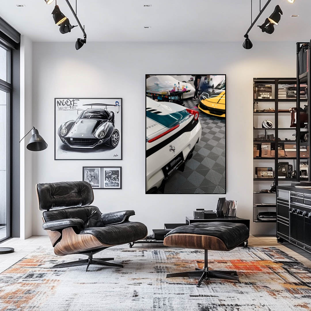 Ferrari Showroom Elegance car wall art showcasing luxury cars in a stylish living space with modern décor.