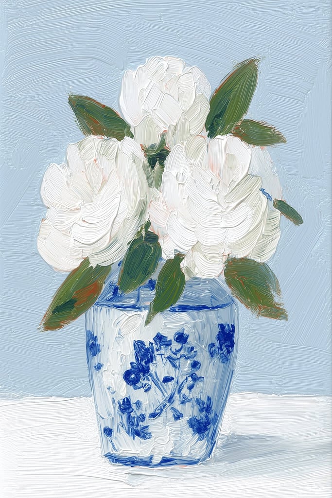 This artwork features white textured flowers in a blue and white vase painted with thick brushstrokes.