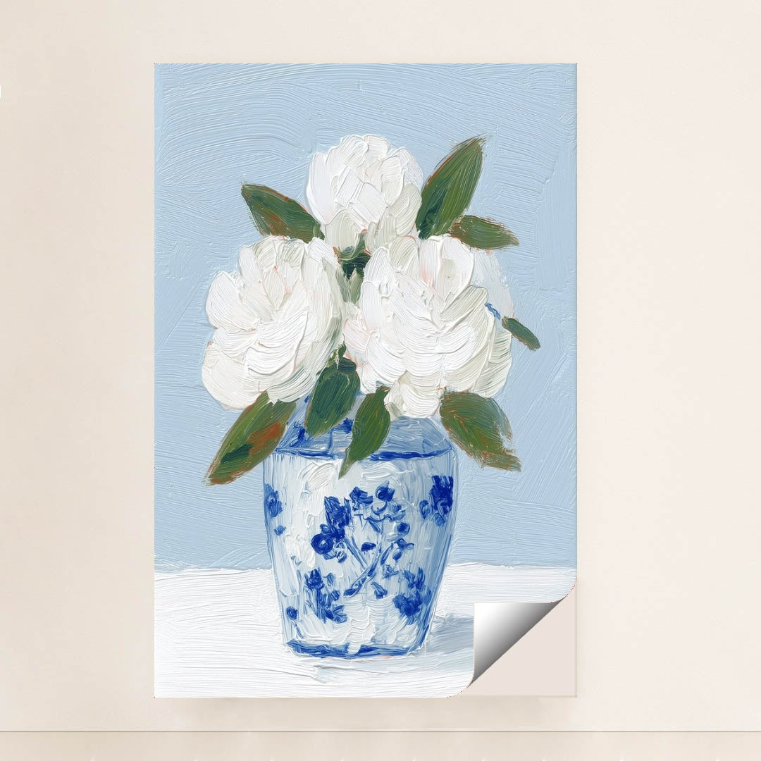 This artwork features white textured flowers in a blue and white vase painted with thick brushstrokes, unframed.