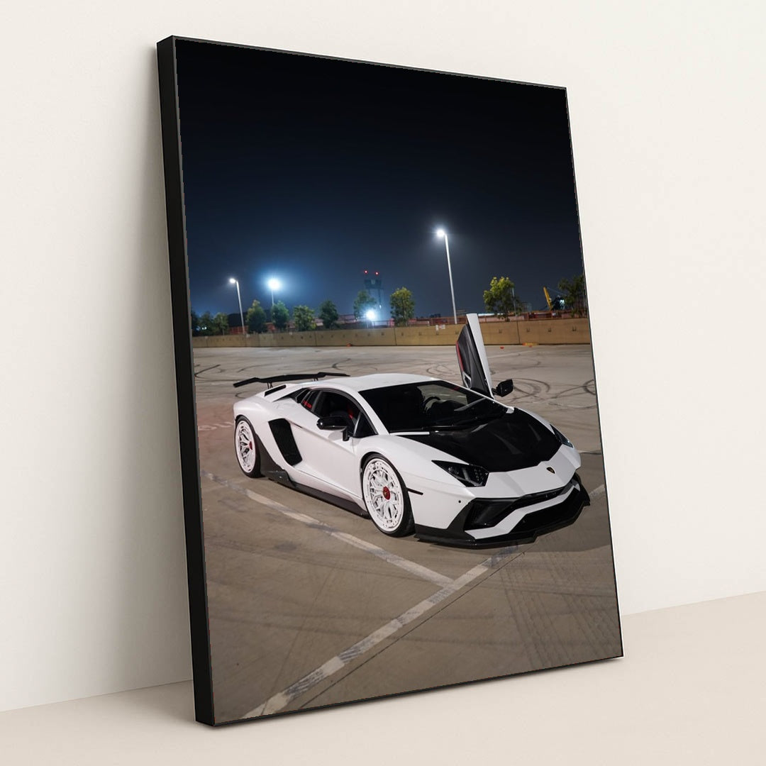 White Lamborghini Aventador by Nikki Antunovich - Black Frame Stretchiez