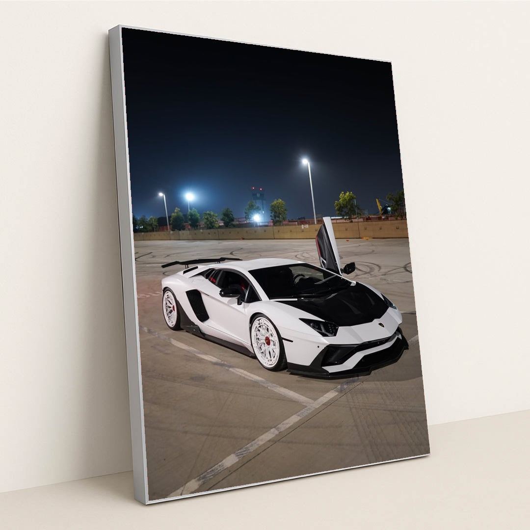 White Lamborghini Aventador by Nikki Antunovich - Silver Frame Stretchiez