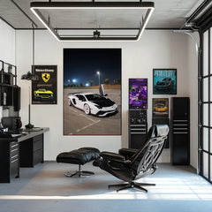 White Lamborghini Aventador wall art showcased in a stylish office, highlighting urban sophistication and car wall art decor.