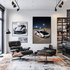 White Lamborghini Aventador car wall art displayed in a modern living room, showcasing its stylish and aggressive design.