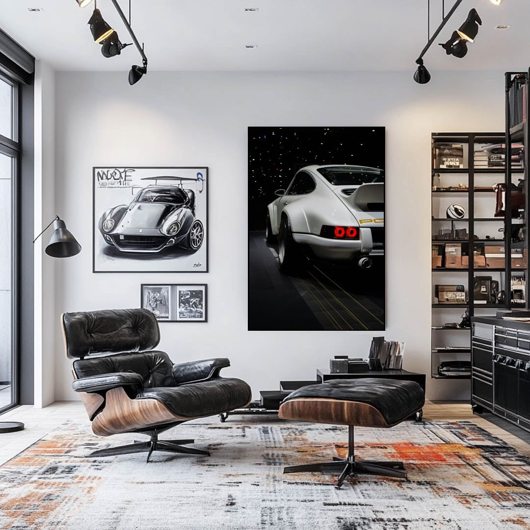 Stylish interior featuring Porsche 911 Restomod car wall art, showcasing its unique design and sleek rear profile.