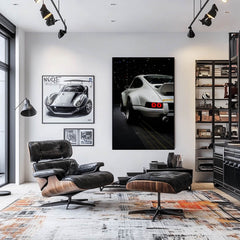 Stylish interior featuring Porsche 911 Restomod car wall art, showcasing its unique design and sleek rear profile.