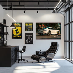 Porsche 911 Turbo S on a Taipei Street displayed as car wall art in a modern office setting.