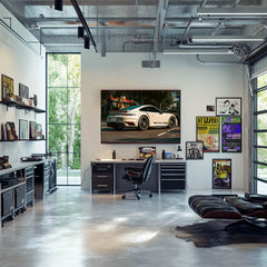 Porsche 911 Turbo S on a Taipei Street showcased in a modern office setting with black furniture and large windows.