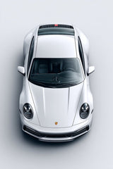 Ultra-realistic top view of a white Porsche 911, showcasing luxury in white, perfect for car wall art.