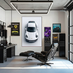 Luxury in White - Top-down view of Porsche 911 car wall art in a stylish office interior.