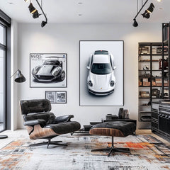 Luxury in White car wall art featuring an ultra-realistic top-down view of a Porsche 911 in a modern living space.