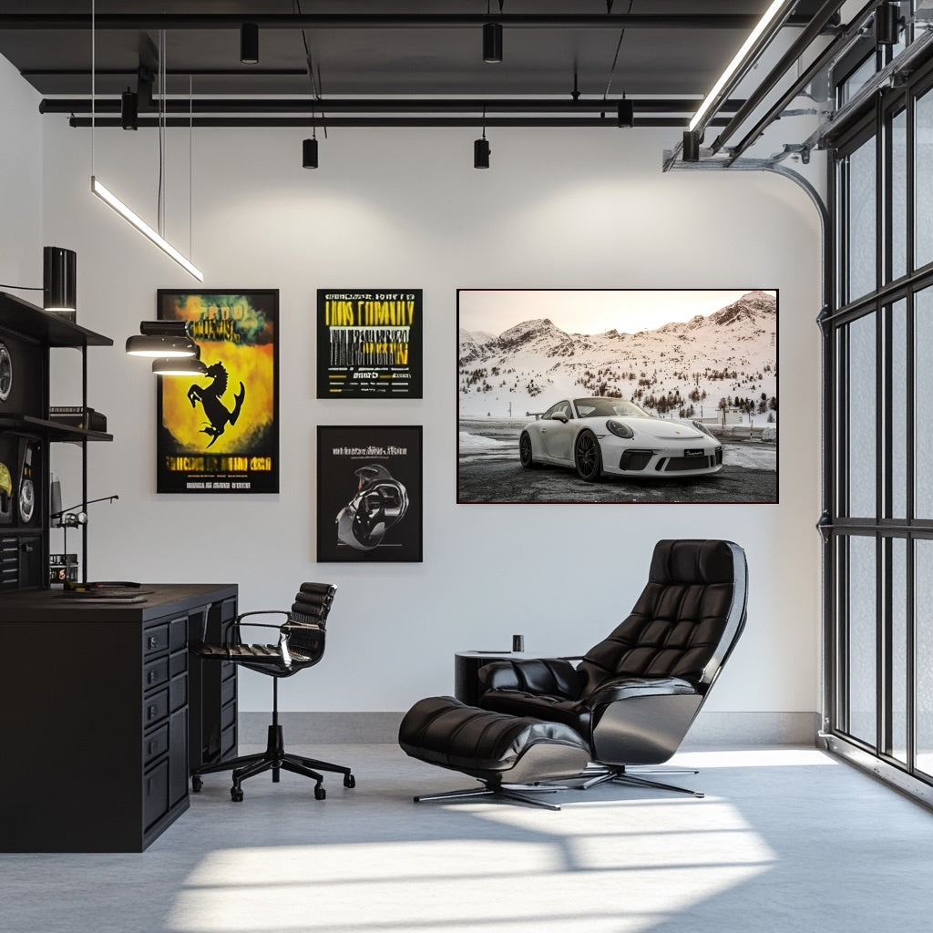 Porsche 911 Parked in the Mountains, car wall art display in a modern office setting.
