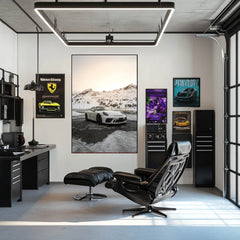 Porsche 911 GT3 in Alpine Stillness car wall art showcased in a modern office with stylish decor.