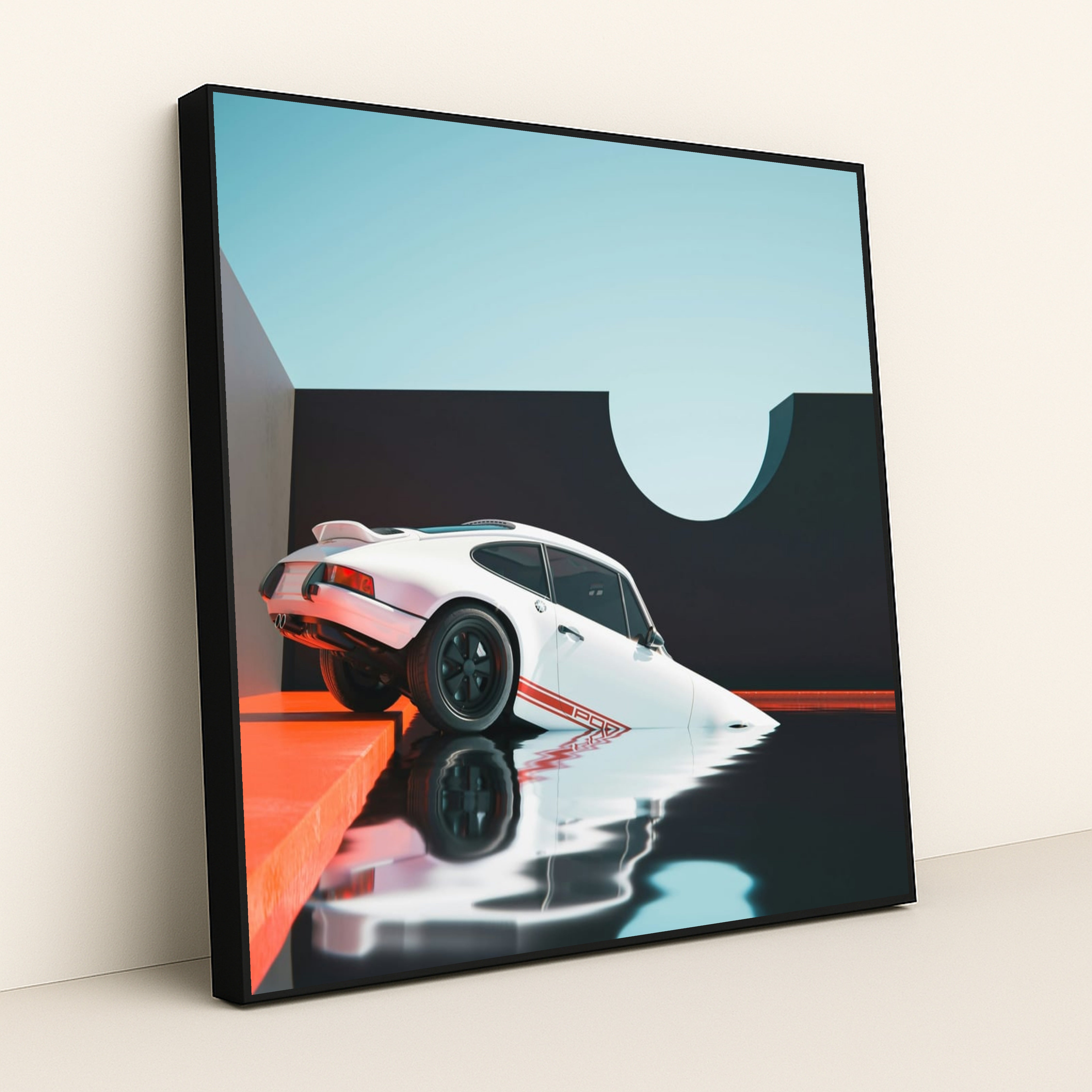 This photo shows a white classic Porsche car halfway submerged in reflective water beside modern geometric walls, in a black frame.