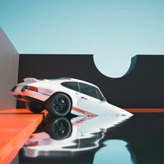Porsche Reflected in Stillness showcasing a white car on liquid glass, creating a surreal car wall art image.