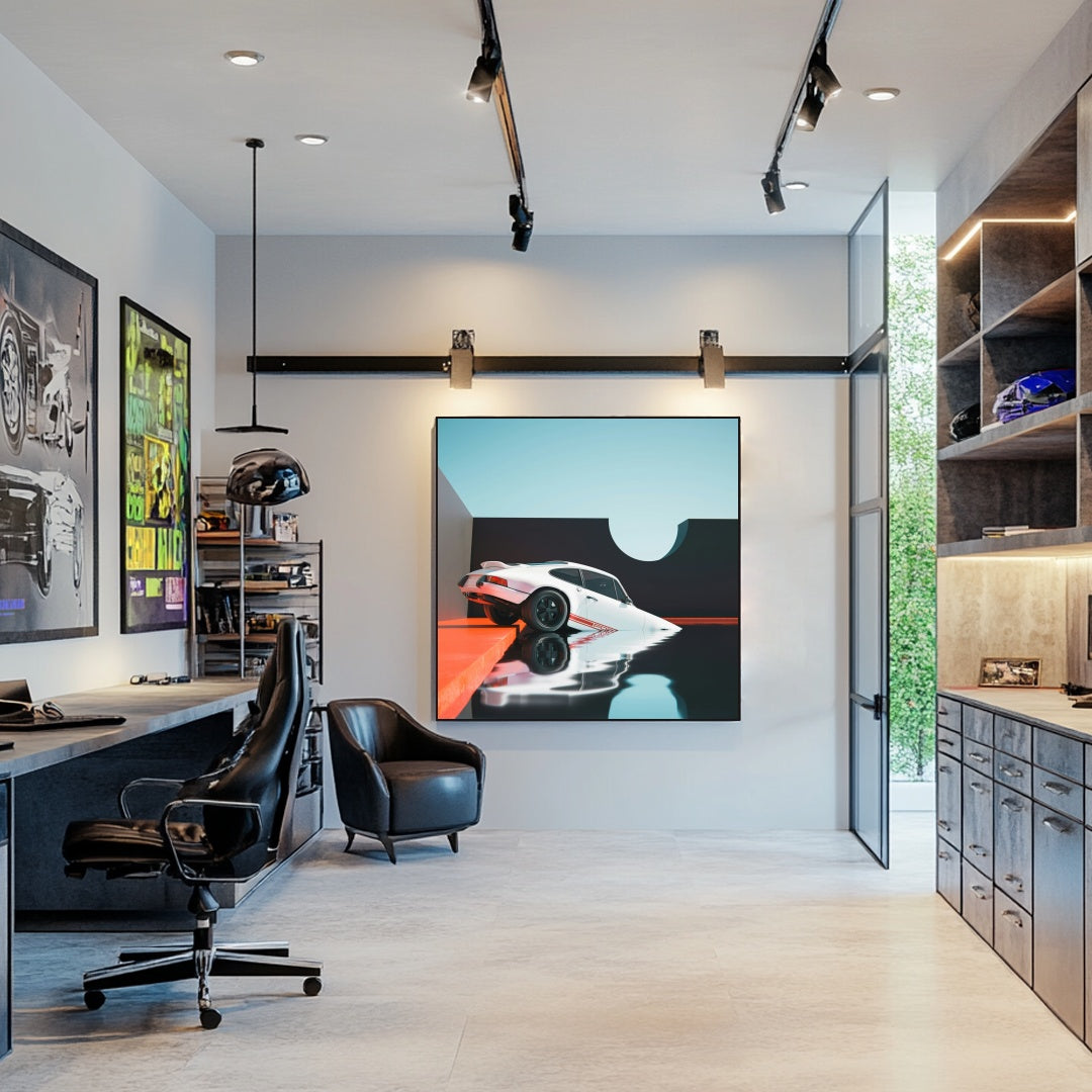 A stylish office showcasing 'Porsche Reflected in Stillness' car wall art, emphasizing modern design and automotive passion.