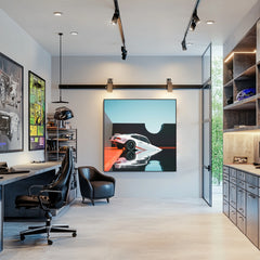 A stylish office showcasing 'Porsche Reflected in Stillness' car wall art, emphasizing modern design and automotive passion.
