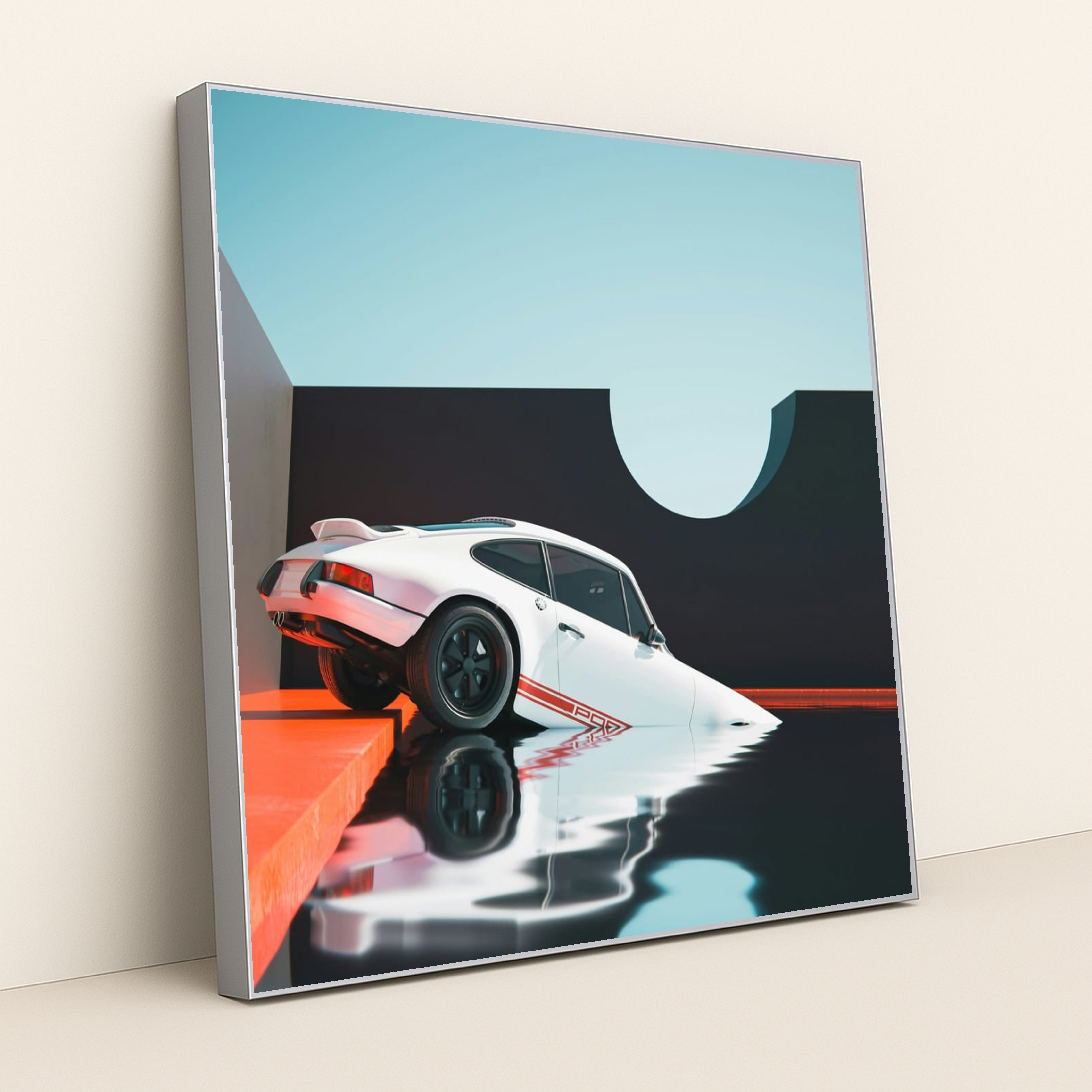 This photo shows a white classic Porsche car halfway submerged in reflective water beside modern geometric walls, in a silver frame.