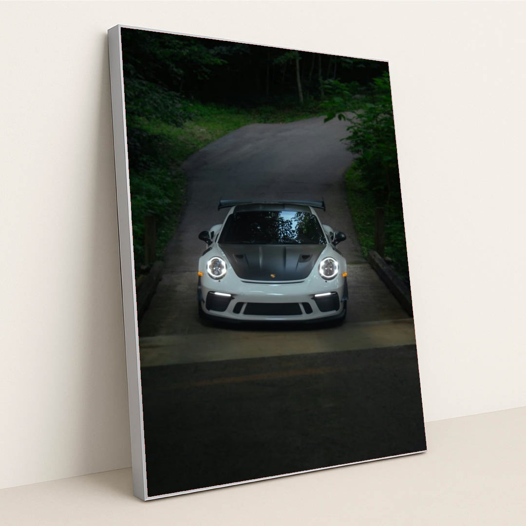 This photo shows a white Porsche sports car with a black hood and wing facing the camera on a forested road, in a silver frame.