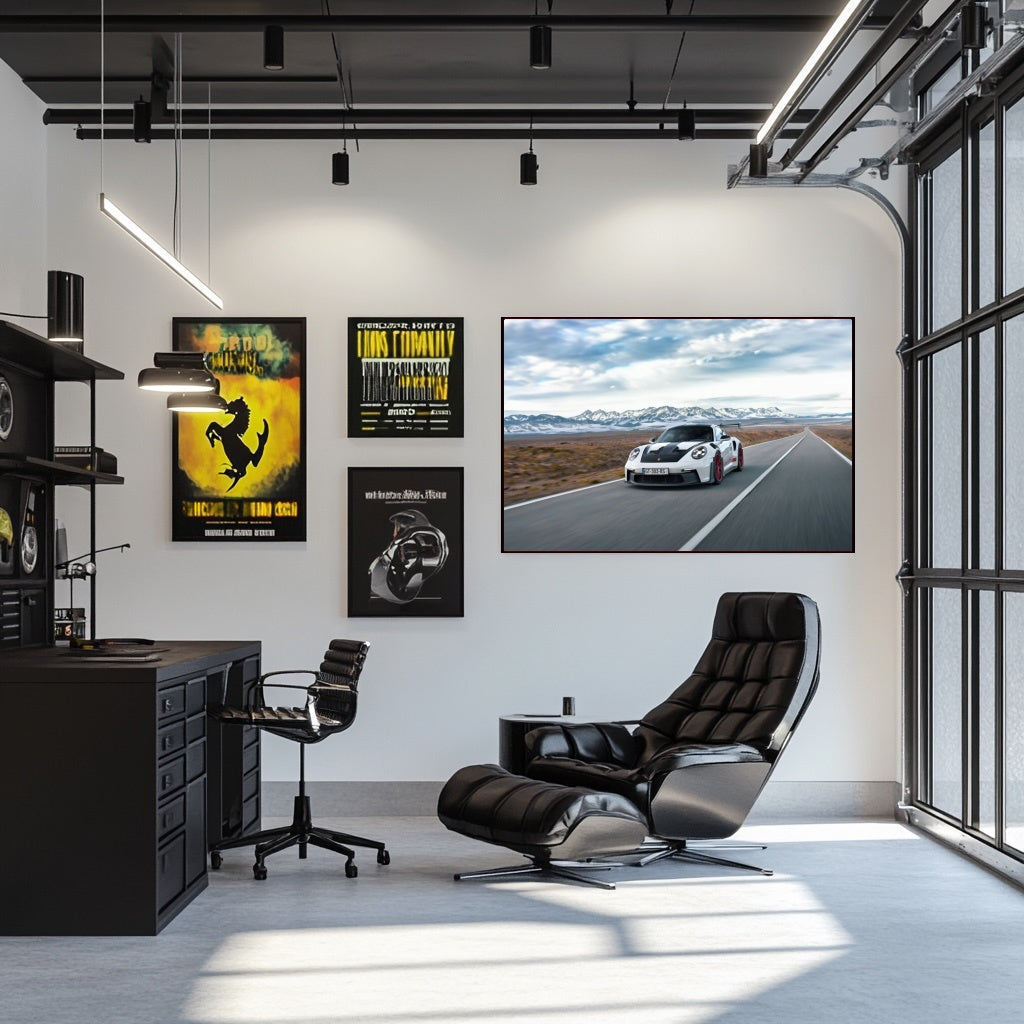 Porsche 911 GT3 RS on Desert Highway displayed on wall in modern office with stylish decor, car wall art inspiration.
