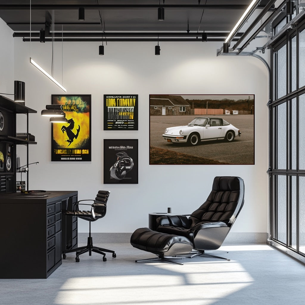 Modern office featuring wall art of a Vintage Porsche 911 SC Targa beside sleek black furniture and a stylish chair.