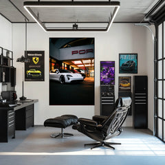Taycan at the Dealership, showcasing a sleek Porsche Taycan in a stylish office with car wall art.