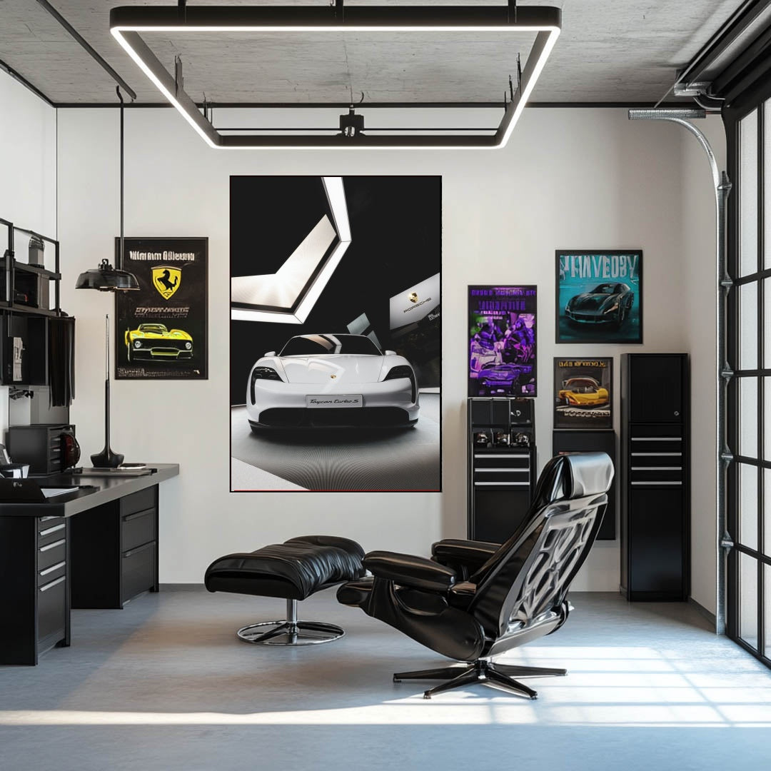 Porsche Taycan Turbo S in the Spotlight displayed as car wall art in a modern, stylish office with posters.