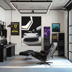 Porsche Taycan Turbo S in the Spotlight displayed as car wall art in a modern, stylish office with posters.